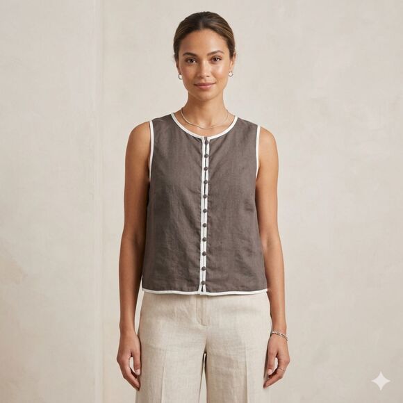 Tahari Tops - Tahari 100% Linen Sleeveless Button Front Top Grey White Trim Size M Boho Luxe